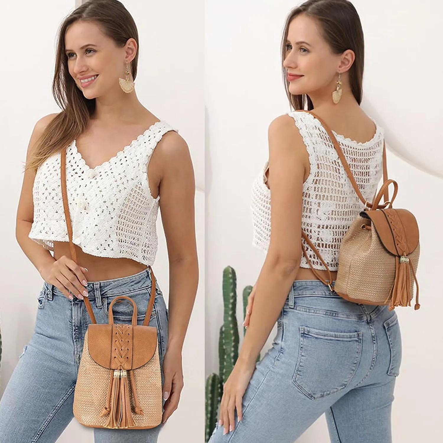 Women Beach Bag Summer Straw Woven Shoulder Bag Crossbody Bucket Handbags Handmade Hobo Purse Bamboo Handle