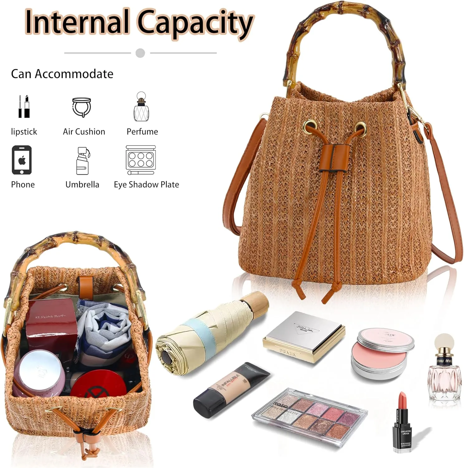 Women Beach Bag Summer Straw Woven Shoulder Bag Crossbody Bucket Handbags Handmade Hobo Purse Bamboo Handle