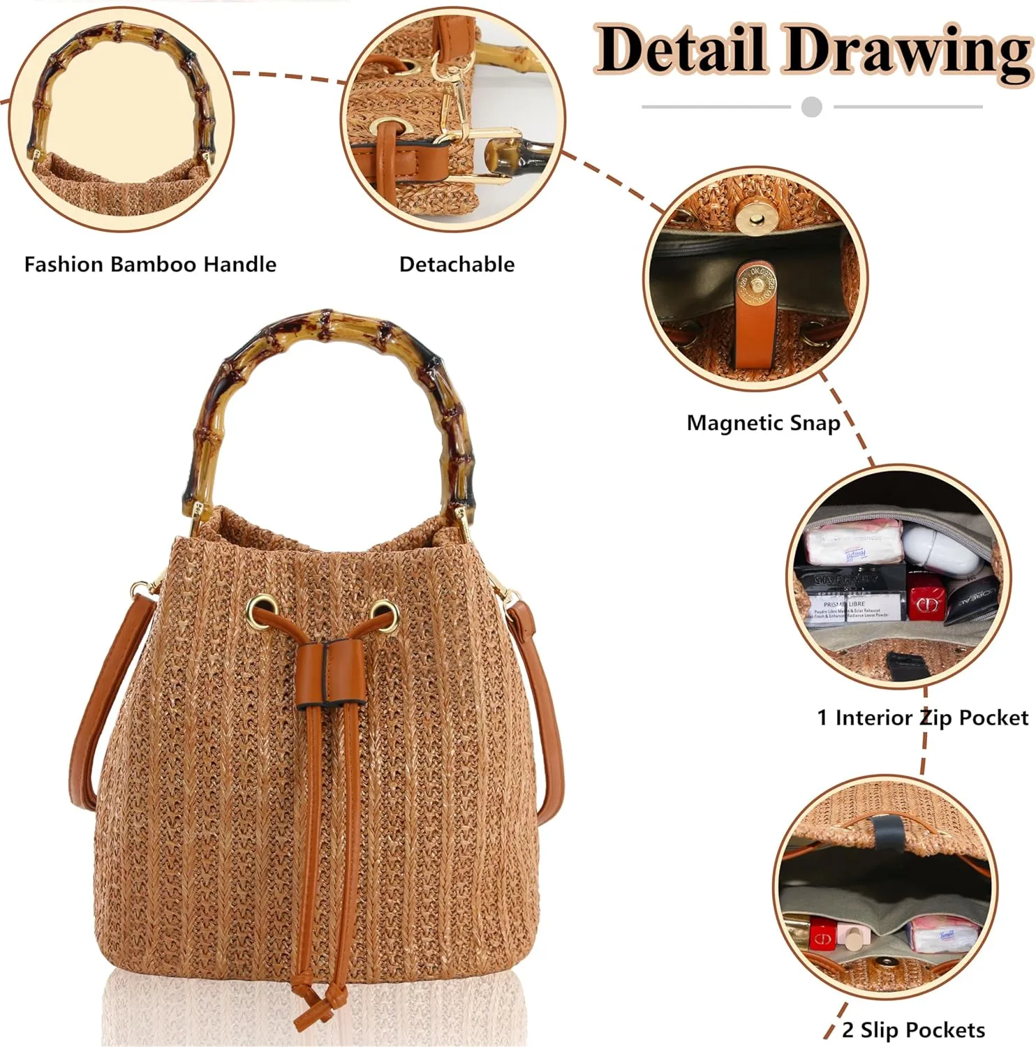 Women Beach Bag Summer Straw Woven Shoulder Bag Crossbody Bucket Handbags Handmade Hobo Purse Bamboo Handle