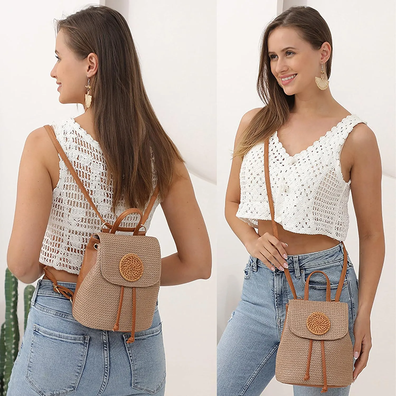 Women Beach Bag Summer Straw Woven Shoulder Bag Crossbody Bucket Handbags Handmade Hobo Purse Bamboo Handle