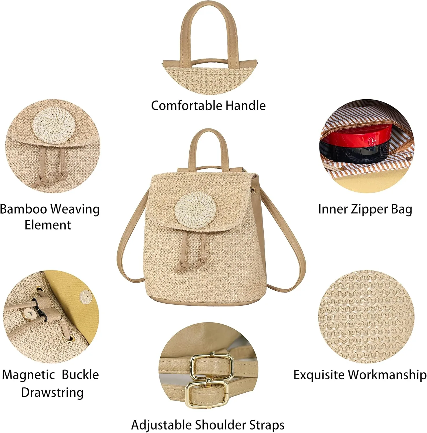 Women Beach Bag Summer Straw Woven Shoulder Bag Crossbody Bucket Handbags Handmade Hobo Purse Bamboo Handle