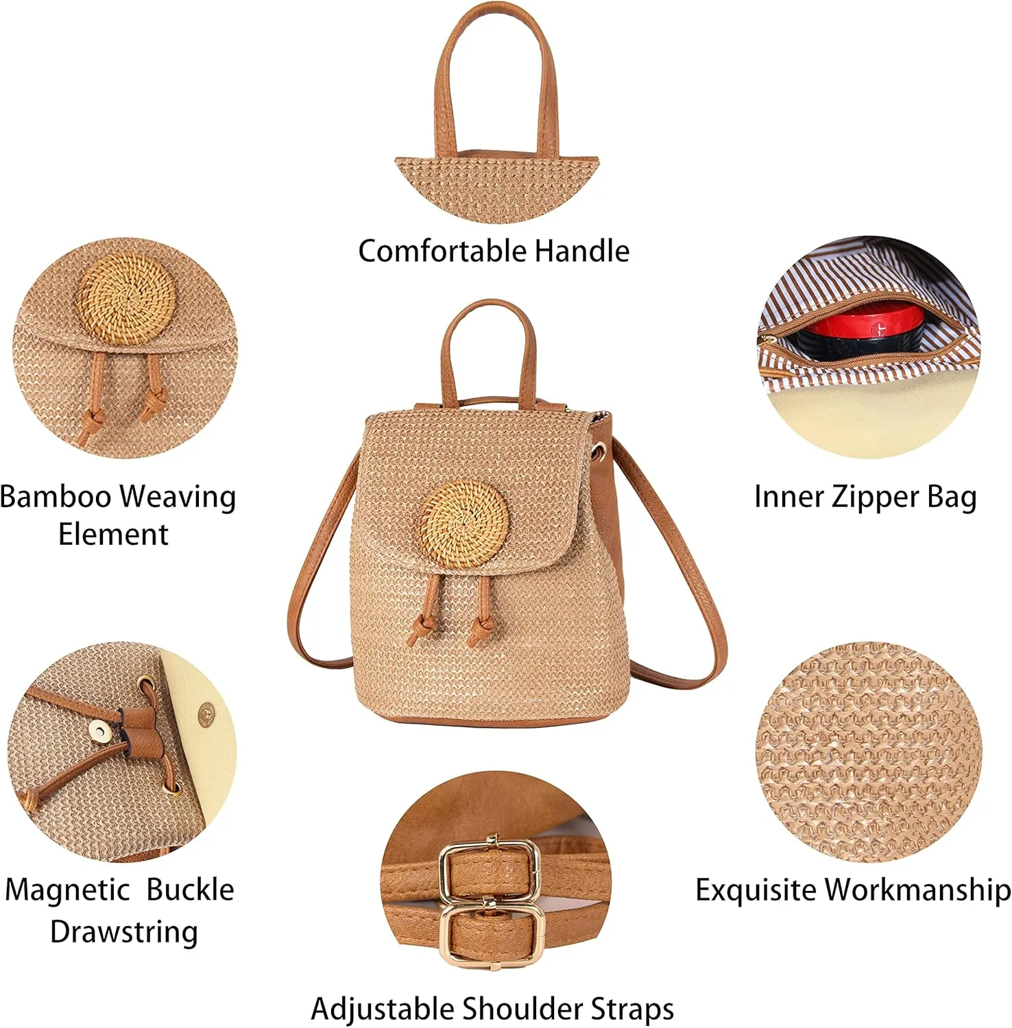 Women Beach Bag Summer Straw Woven Shoulder Bag Crossbody Bucket Handbags Handmade Hobo Purse Bamboo Handle