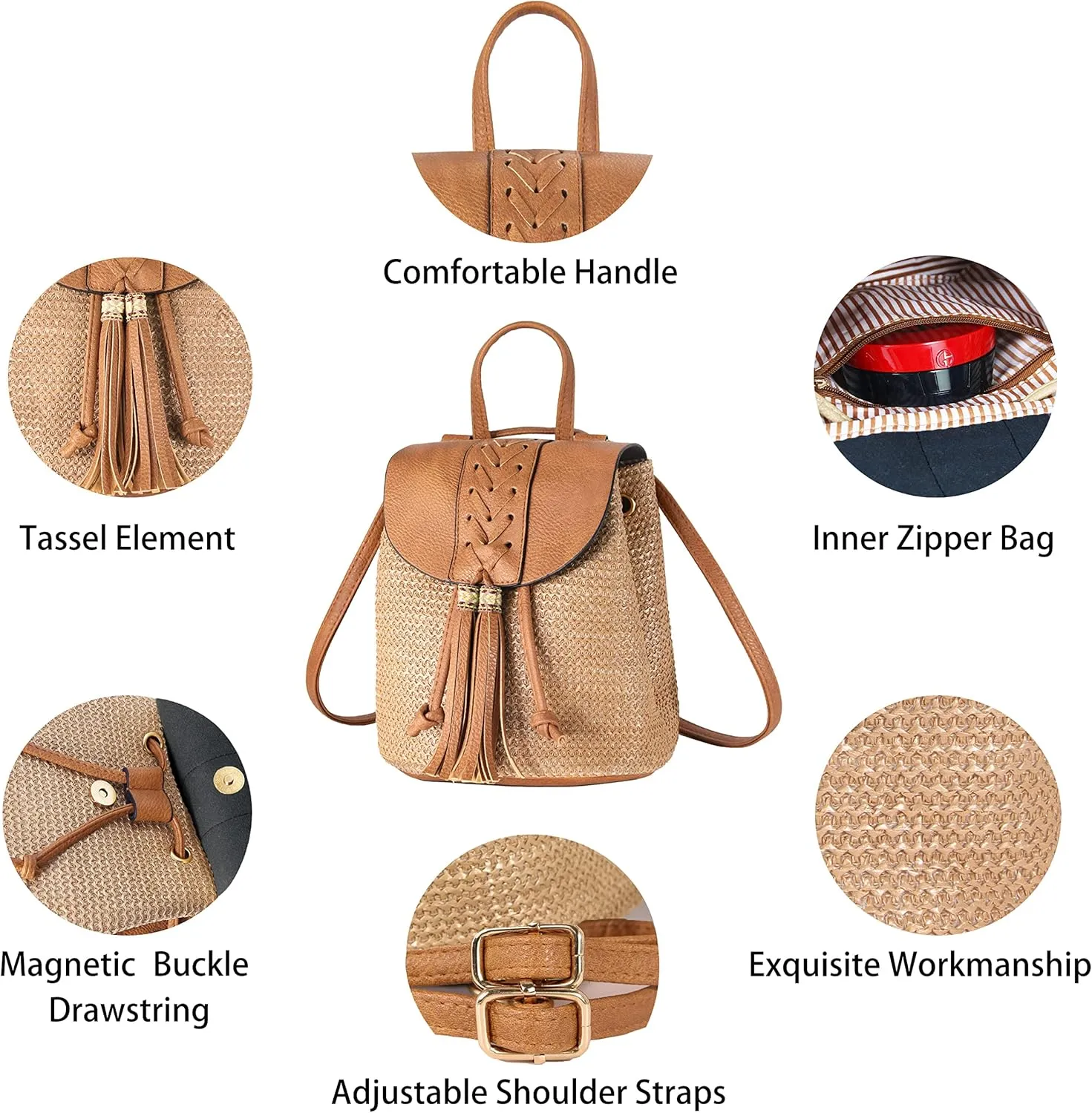Women Beach Bag Summer Straw Woven Shoulder Bag Crossbody Bucket Handbags Handmade Hobo Purse Bamboo Handle