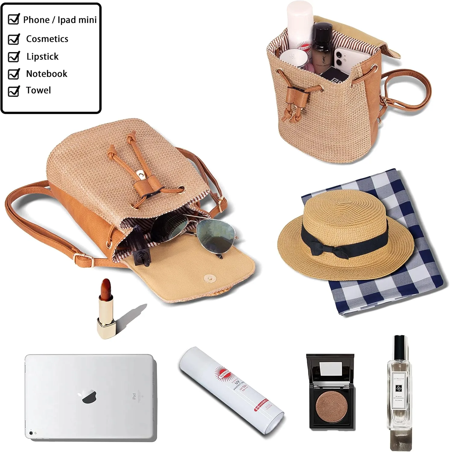 Women Beach Bag Summer Straw Woven Shoulder Bag Crossbody Bucket Handbags Handmade Hobo Purse Bamboo Handle