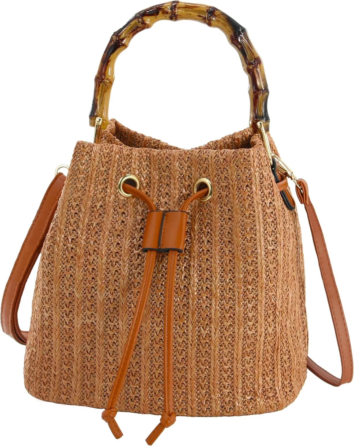 Women Beach Bag Summer Straw Woven Shoulder Bag Crossbody Bucket Handbags Handmade Hobo Purse Bamboo Handle