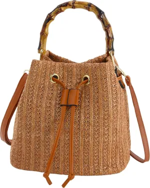 Women Beach Bag Summer Straw Woven Shoulder Bag Crossbody Bucket Handbags Handmade Hobo Purse Bamboo Handle