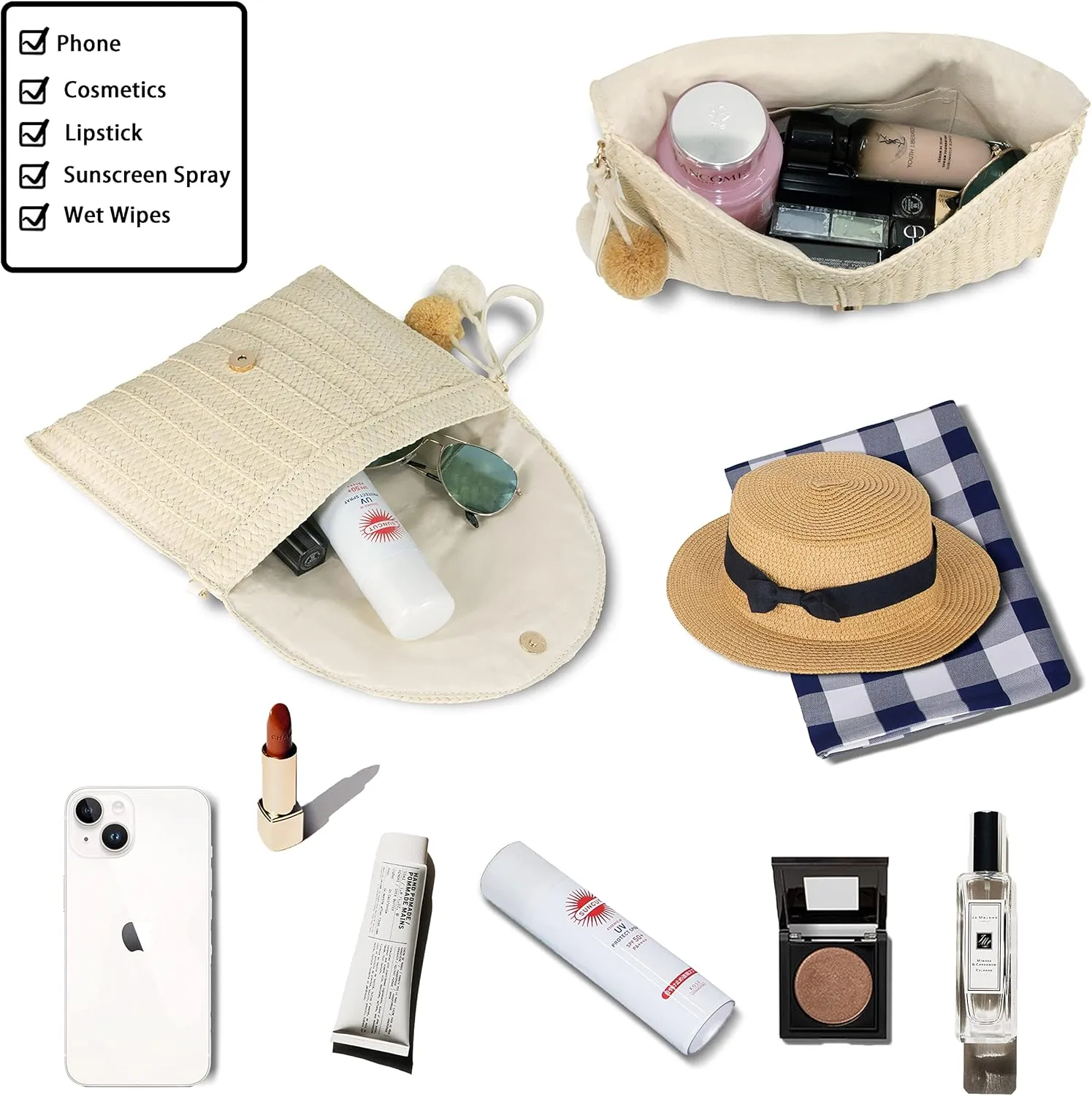 Women Beach Bag Summer Straw Woven Shoulder Bag Crossbody Bucket Handbags Handmade Hobo Purse Bamboo Handle