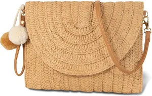 Women Beach Bag Summer Straw Woven Shoulder Bag Crossbody Bucket Handbags Handmade Hobo Purse Bamboo Handle