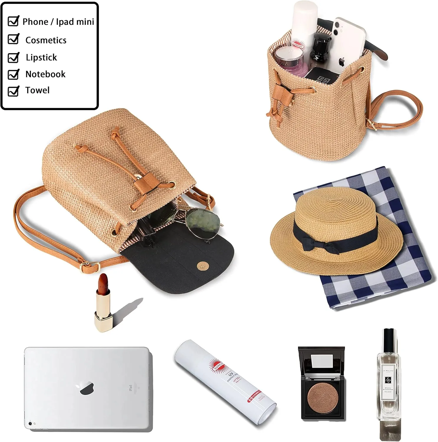 Women Beach Bag Summer Straw Woven Shoulder Bag Crossbody Bucket Handbags Handmade Hobo Purse Bamboo Handle