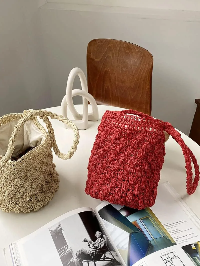 Women Bucket Bag Mini Drawstring Hobo Crochet Straw Shoulder Bag Summer Beach Totes Handbag