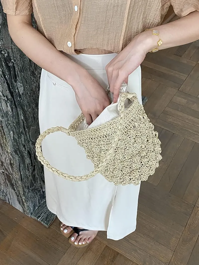 Women Bucket Bag Mini Drawstring Hobo Crochet Straw Shoulder Bag Summer Beach Totes Handbag