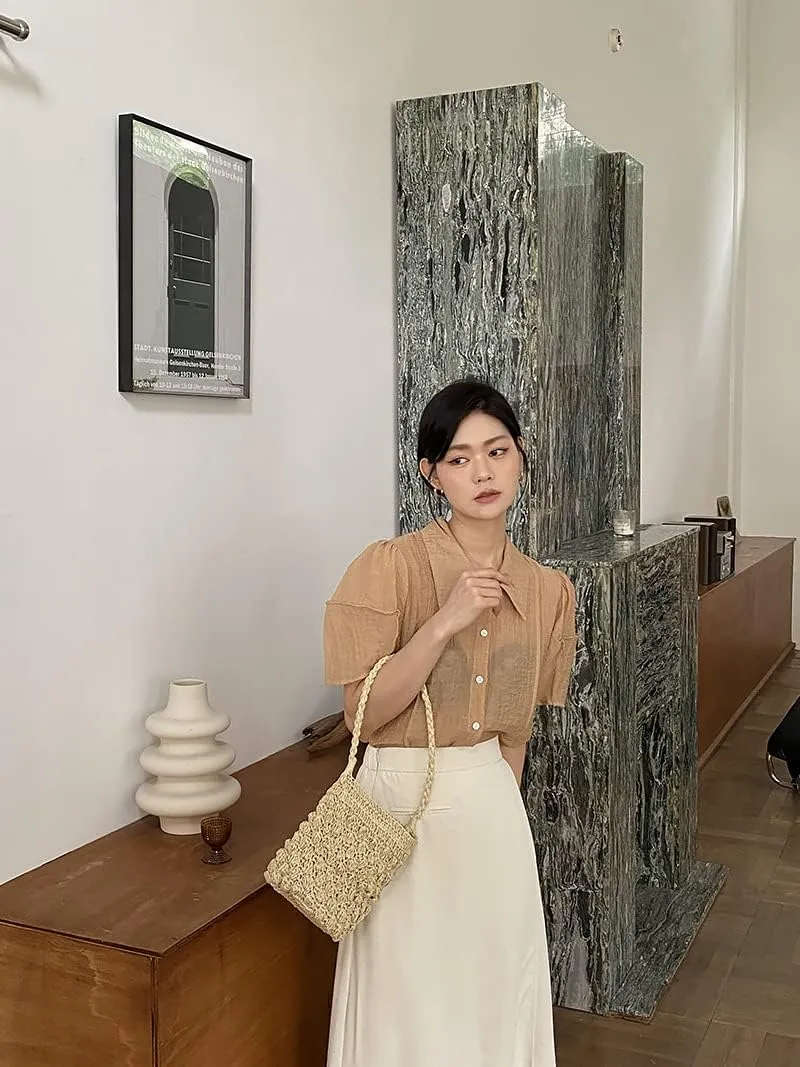 Women Bucket Bag Mini Drawstring Hobo Crochet Straw Shoulder Bag Summer Beach Totes Handbag