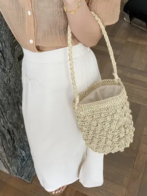 Women Bucket Bag Mini Drawstring Hobo Crochet Straw Shoulder Bag Summer Beach Totes Handbag