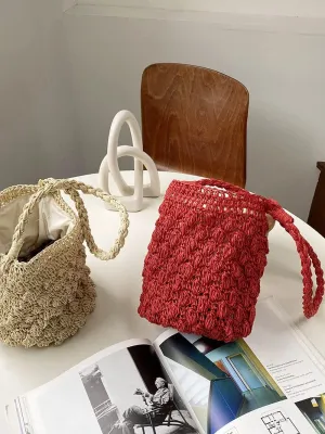 Women Bucket Bag Mini Drawstring Hobo Crochet Straw Shoulder Bag Summer Beach Totes Handbag