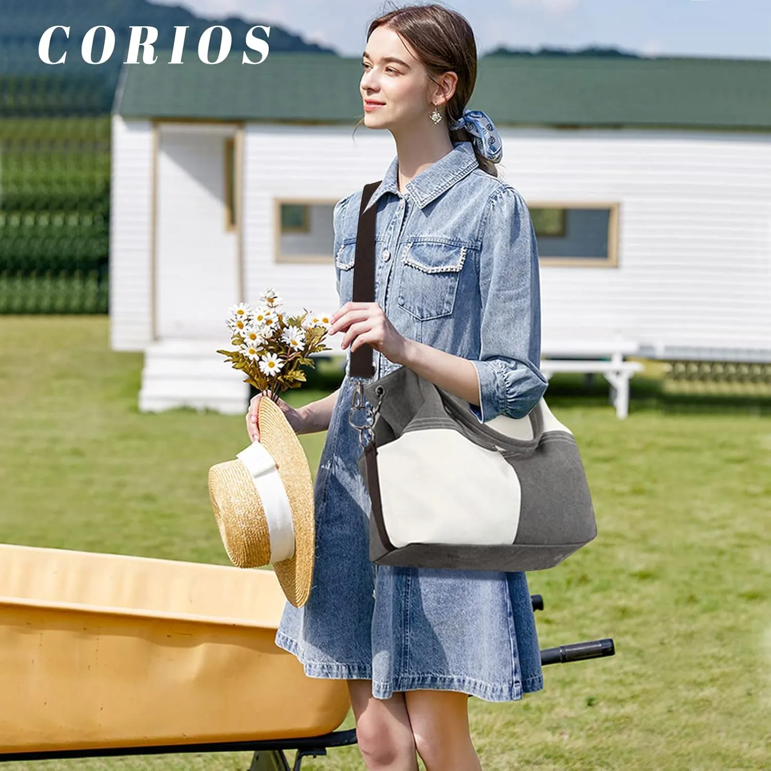 Women Canvas Shoulder Tote Handbag - Casual Top Handle Multi-Pocket Crossbody Satchel Messenger