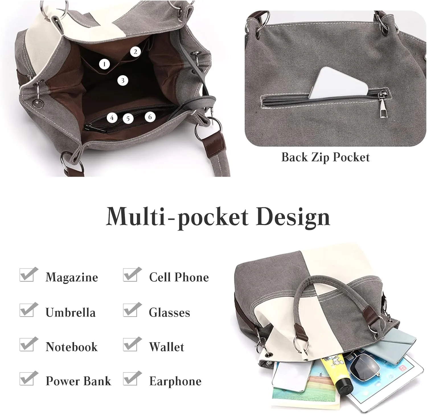 Women Canvas Shoulder Tote Handbag - Casual Top Handle Multi-Pocket Crossbody Satchel Messenger