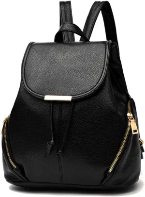 Women Casual Drawstring Daypack Fashion Backpack Shoulder Bag PU Bags-Black