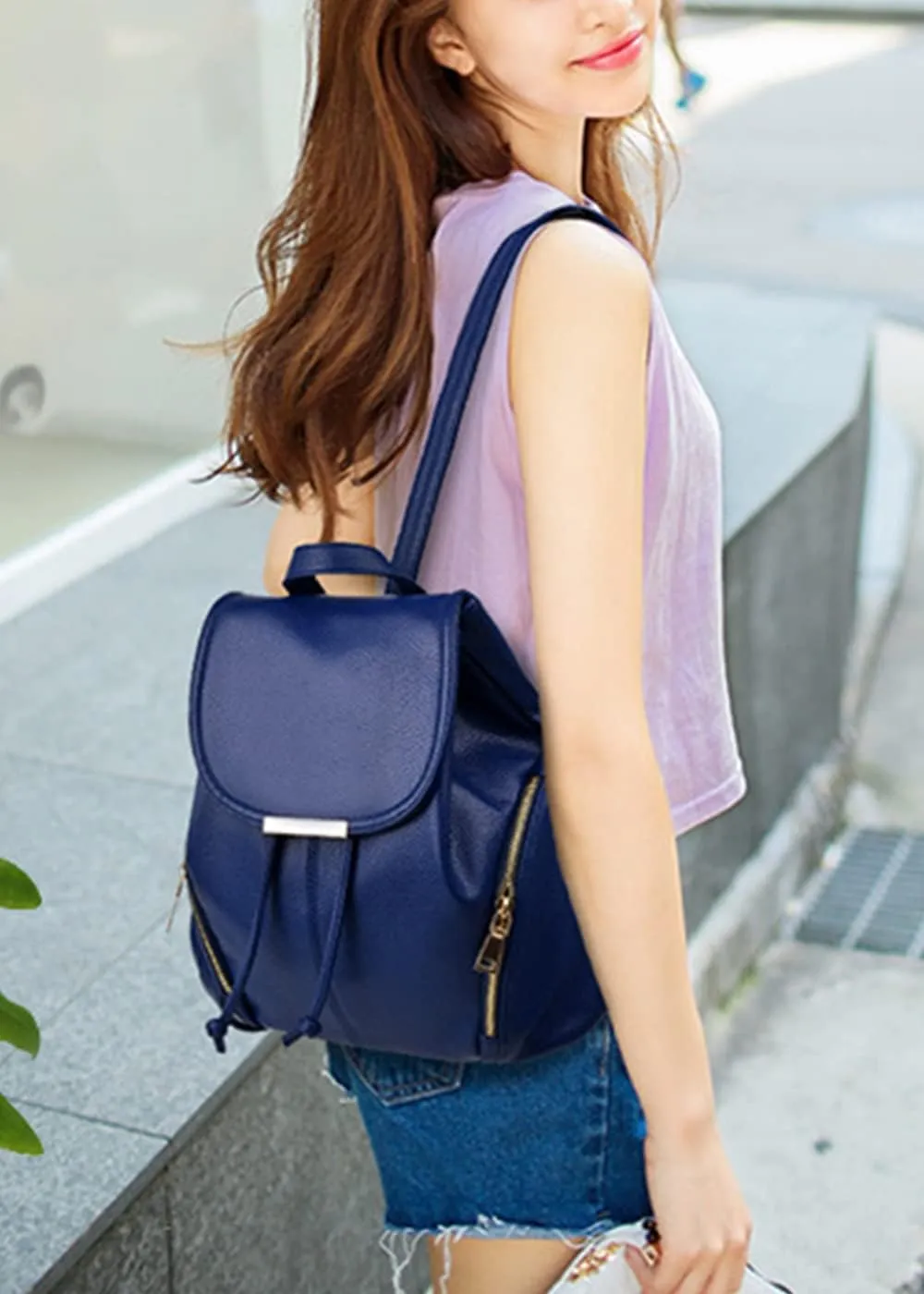 Women Casual Drawstring Daypack Fashion Backpack Shoulder Bag PU Bags-Dark Blue