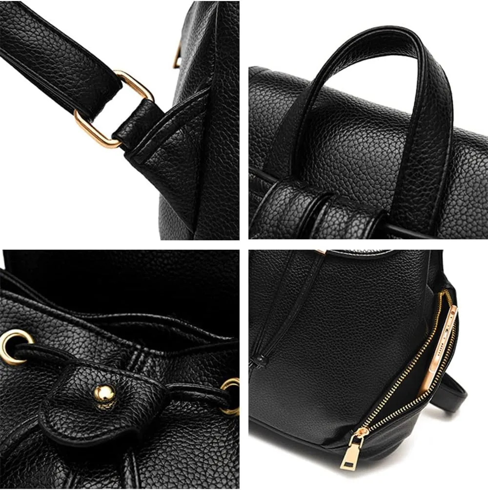 Women Casual Drawstring Daypack Fashion Backpack Shoulder Bag PU Bags-Dark Blue
