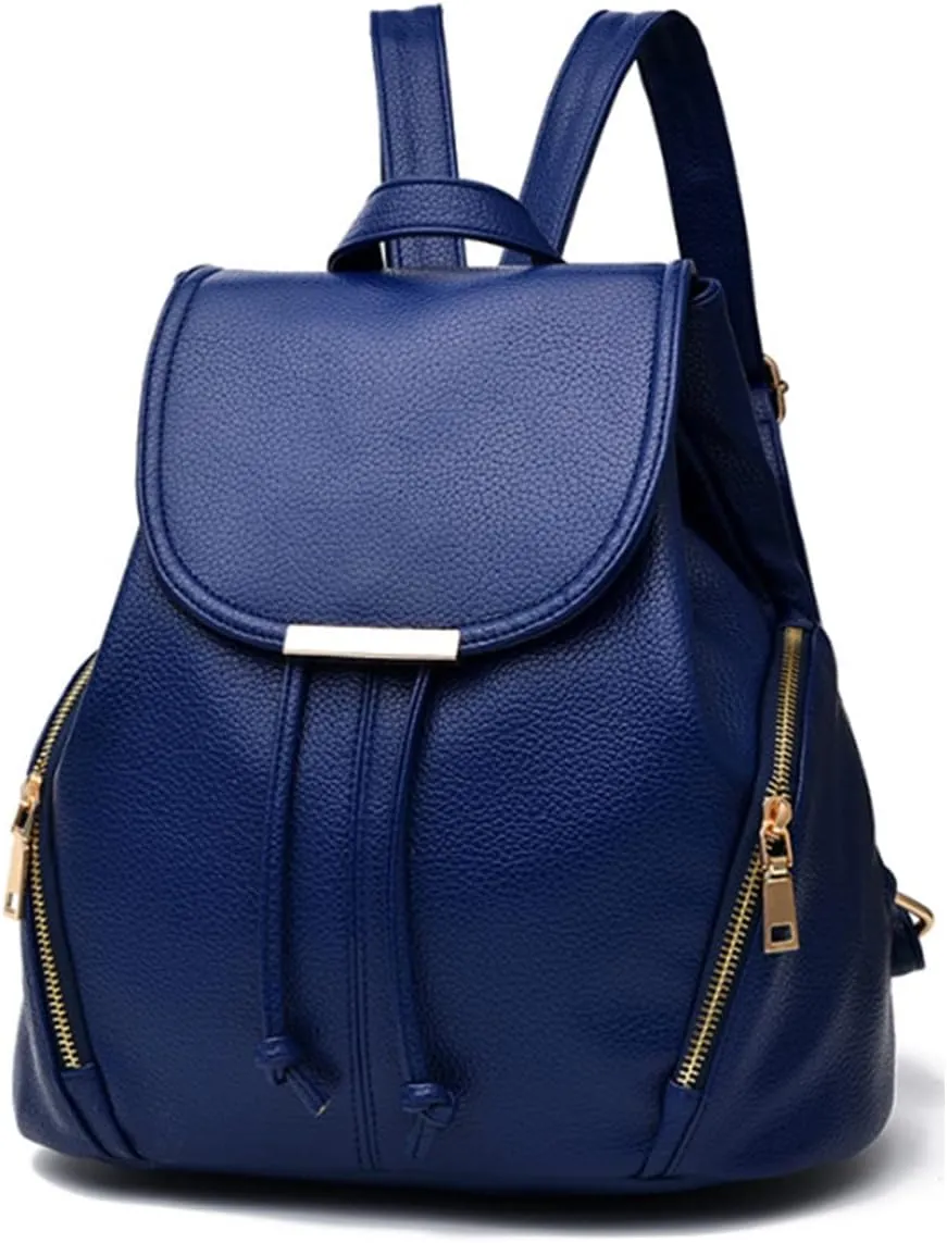 Women Casual Drawstring Daypack Fashion Backpack Shoulder Bag PU Bags-Dark Blue