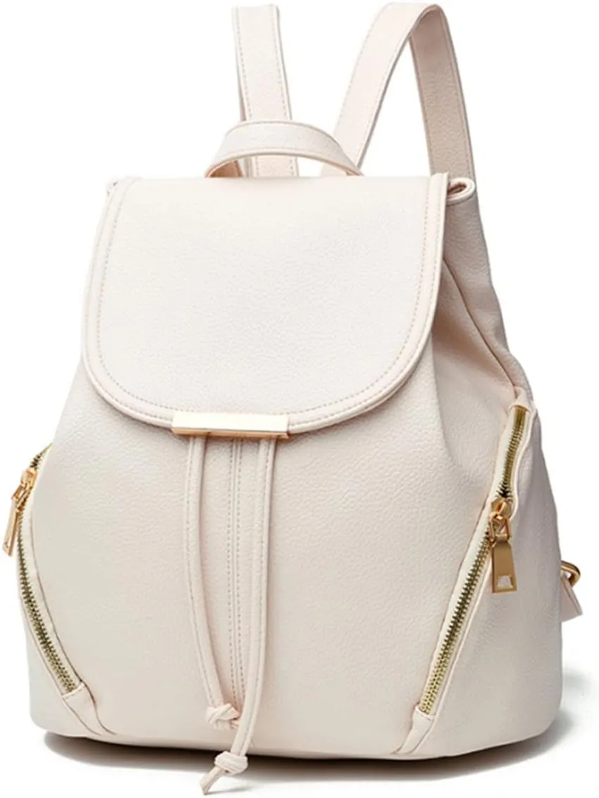 Women Casual Drawstring Daypack Fashion Backpack Shoulder Bag PU Bags-White