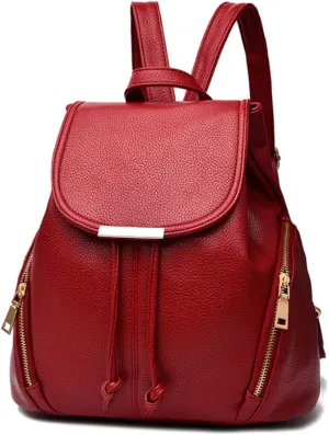 Women Casual Drawstring Daypack Fashion Backpack Shoulder Bag PU Bags-Wine