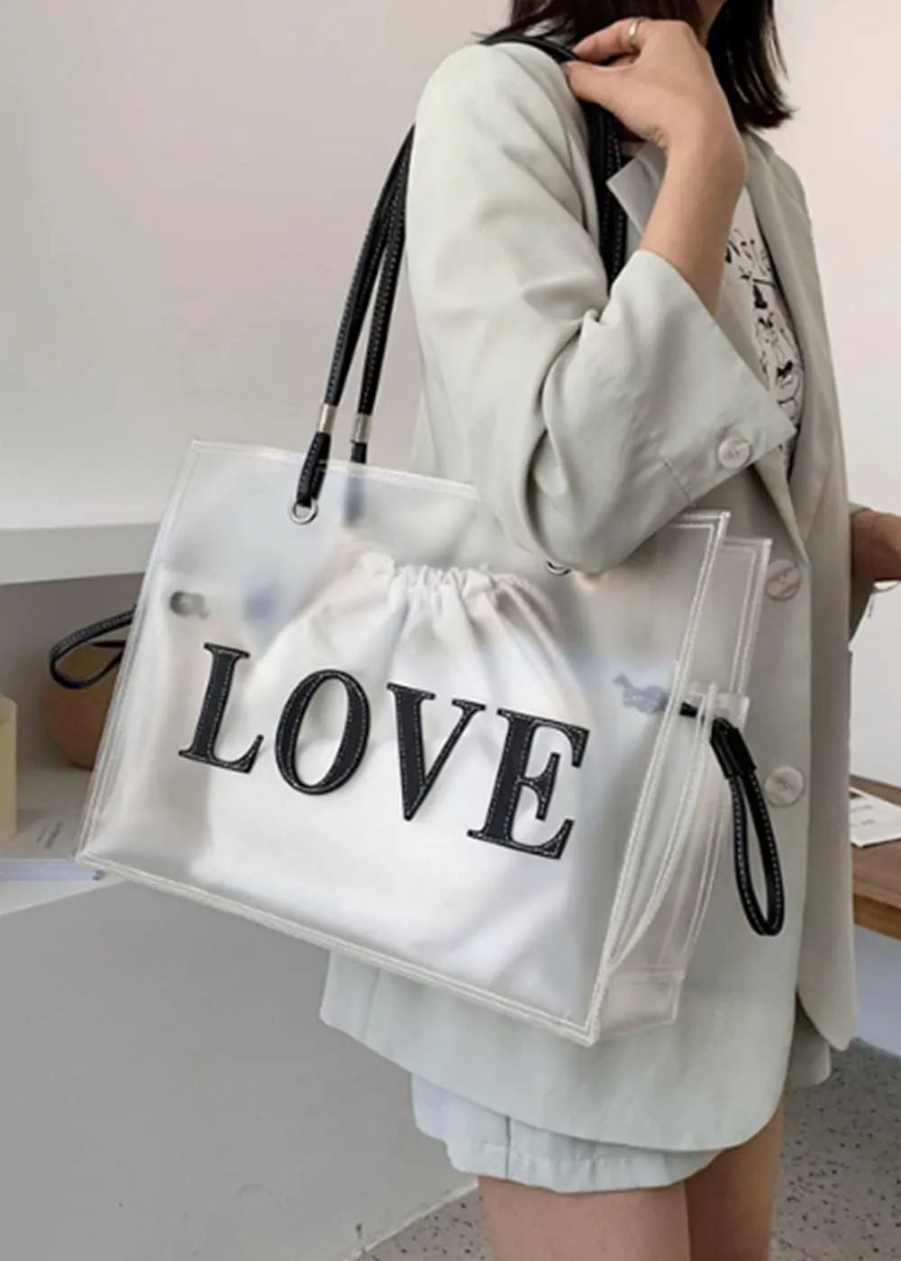 Women Clear Jelly Tote Bag Large Capacity Shoulder Bags Letters Purse