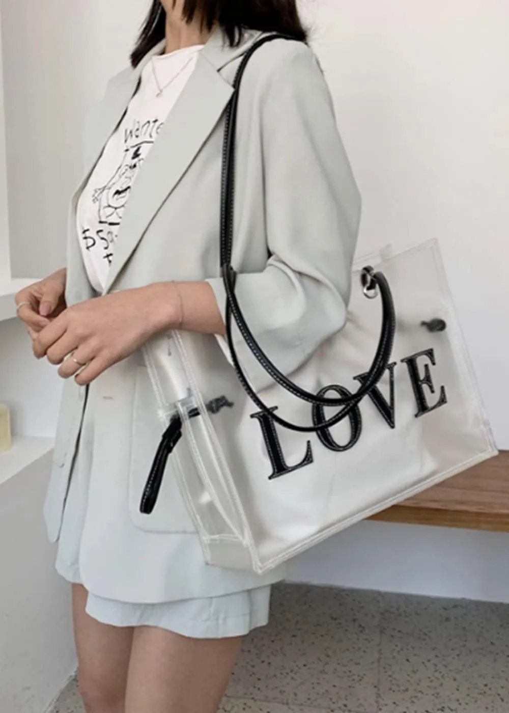 Women Clear Jelly Tote Bag Large Capacity Shoulder Bags Letters Purse
