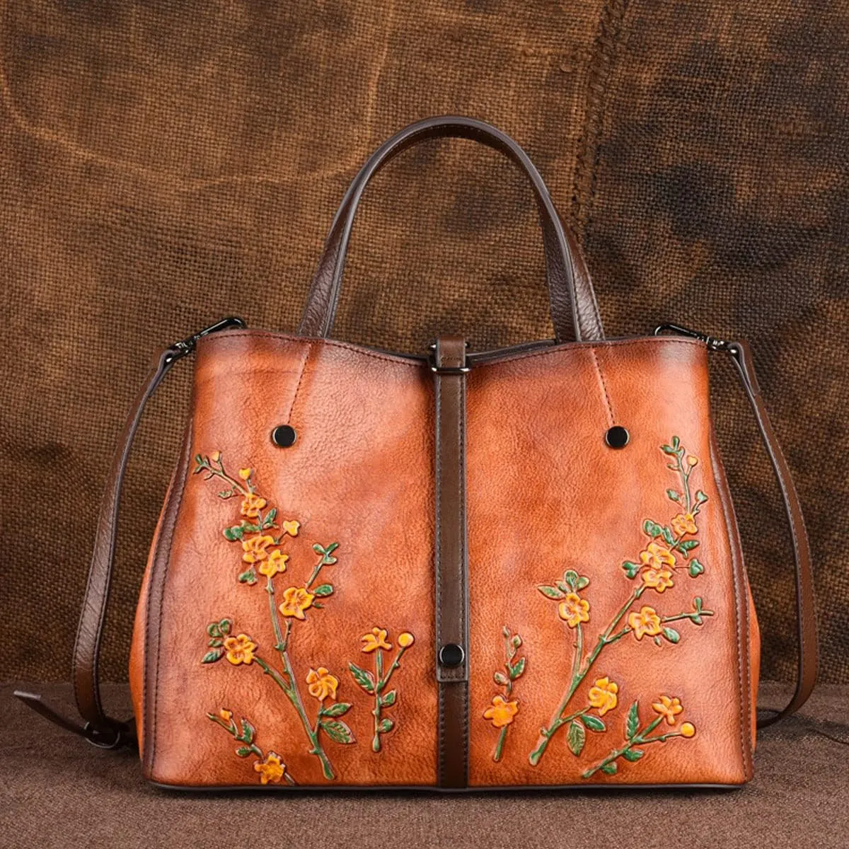 Women Cowhide Leather Handbags,Organizer Retro Shoulder Bag Embossing Top-Handle Satchel Ladies Vintage Tote Yellow