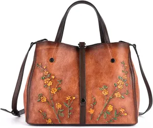Women Cowhide Leather Handbags,Organizer Retro Shoulder Bag Embossing Top-Handle Satchel Ladies Vintage Tote Yellow