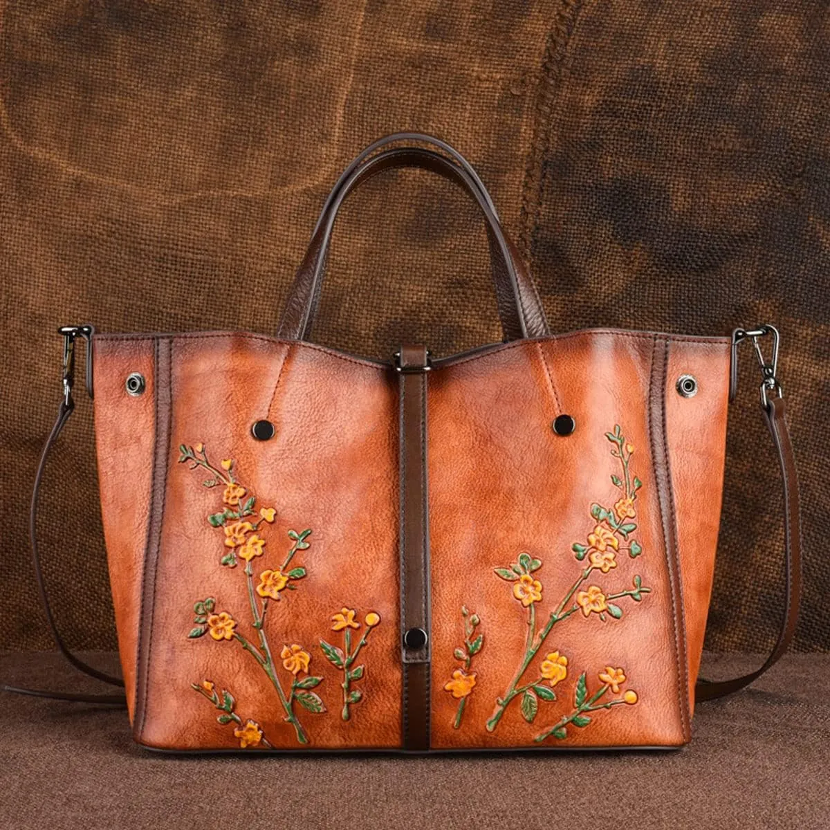 Women Cowhide Leather Handbags,Organizer Retro Shoulder Bag Embossing Top-Handle Satchel Ladies Vintage Tote Yellow