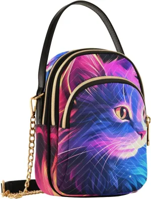 Women Crossbody Sling Bags Dazzling Cat Illustration Print, Compact Fashion Handbags Purse with Chain Strap Top handle for Evening Party Dating Travel