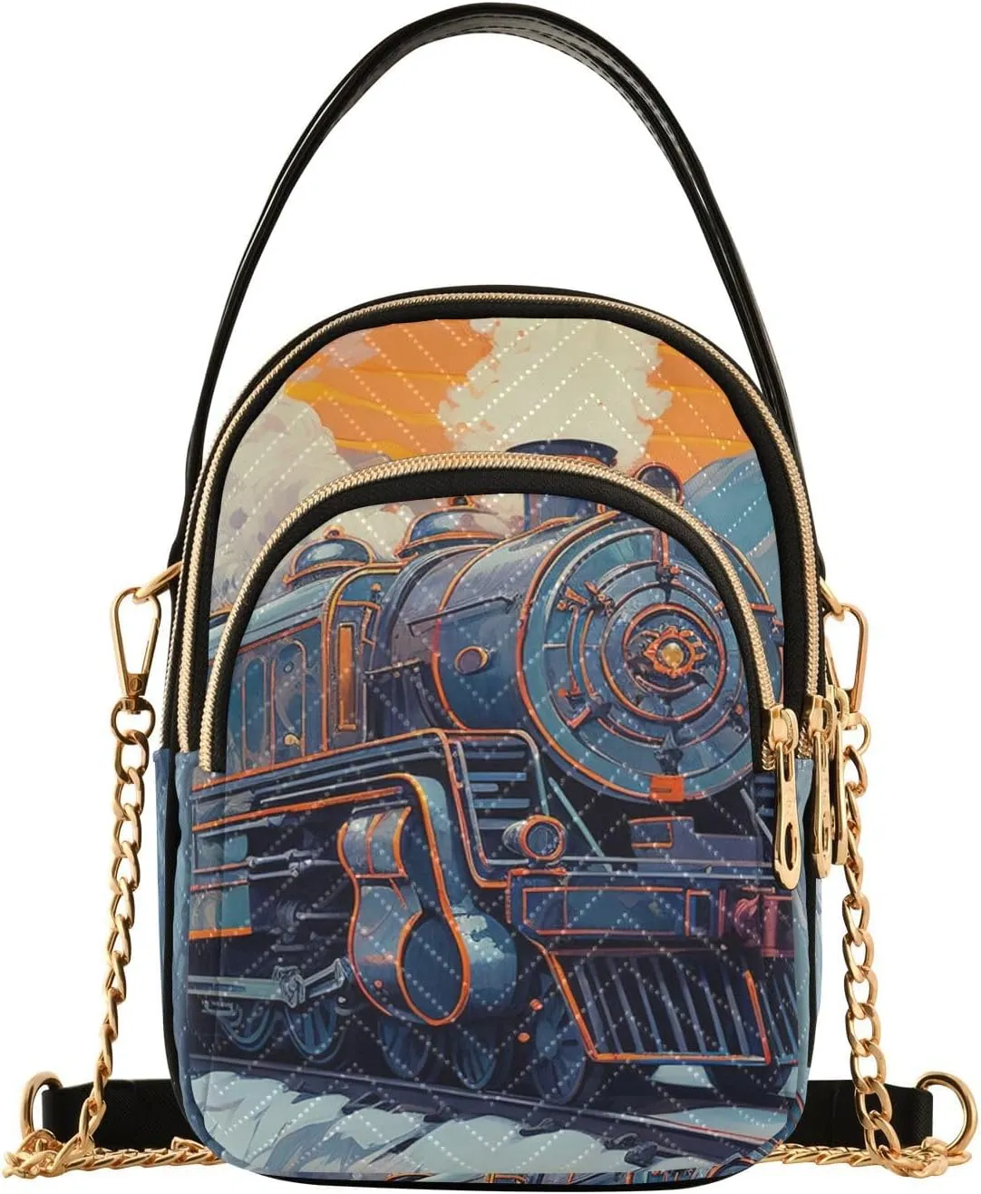 Women Crossbody Sling Bags Illustration Train Railroad Print, Compact Fashion Handbags Purse with Chain Strap Top handle for Evening Party Dating Travel