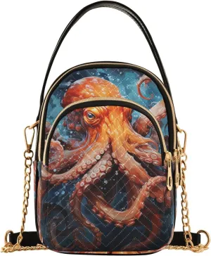 Women Crossbody Sling Bags Orange Octopus Painting Print, Compact Fashion Handbags Purse with Chain Strap Top handle for Evening Party Dating Travel