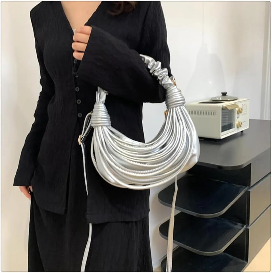 Women Fashion Woven Handbag PU Leather Satchel Creative Noodles Style Crossbody Bag