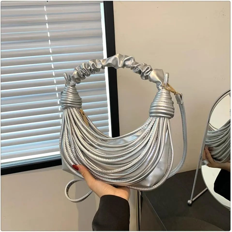 Women Fashion Woven Handbag PU Leather Satchel Creative Noodles Style Crossbody Bag