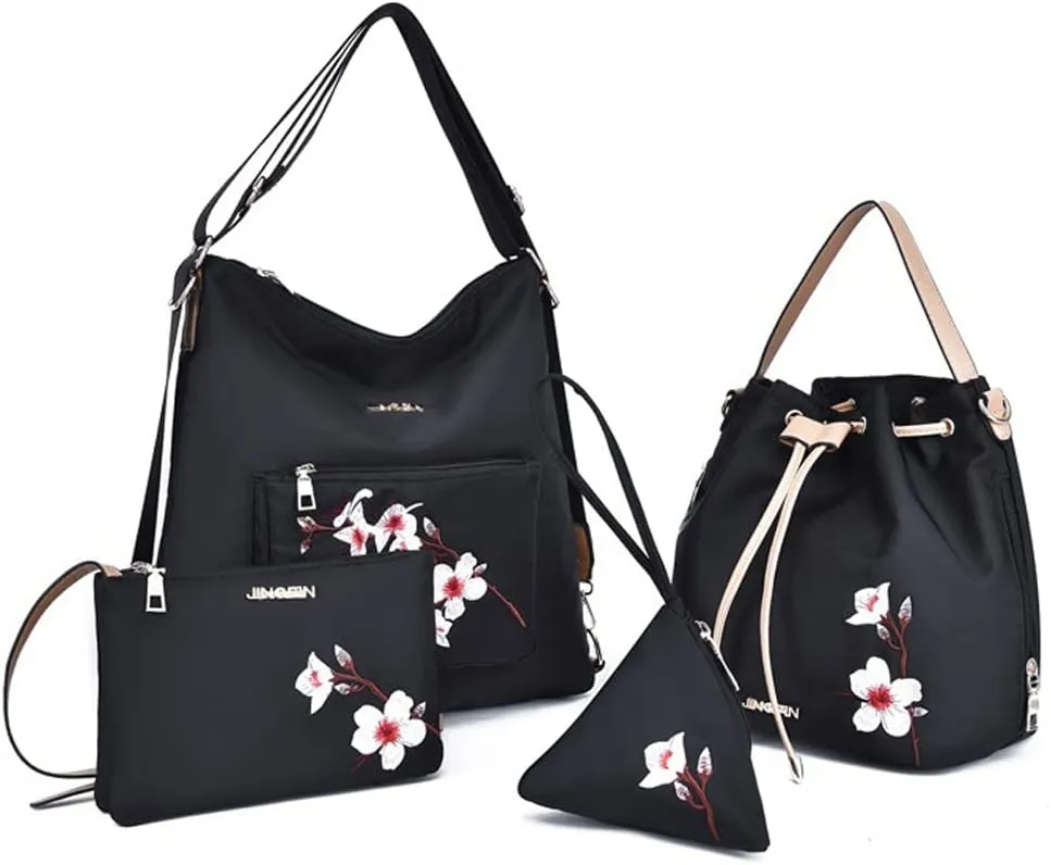Women Handbags Sets Nylon Purses Floral Print Tote Bag Bucket bags Shoulder Crossbody Bag Backpack Coin Wallet 4 Pcs