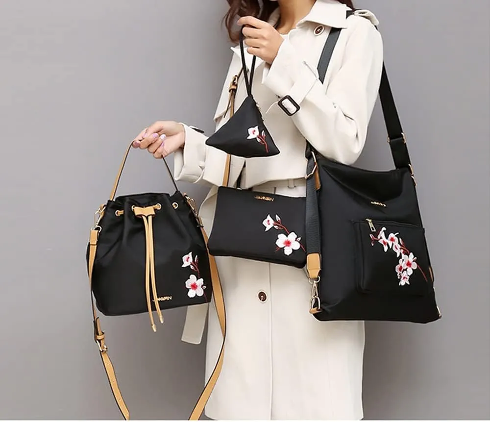 Women Handbags Sets Nylon Purses Floral Print Tote Bag Bucket bags Shoulder Crossbody Bag Backpack Coin Wallet 4 Pcs