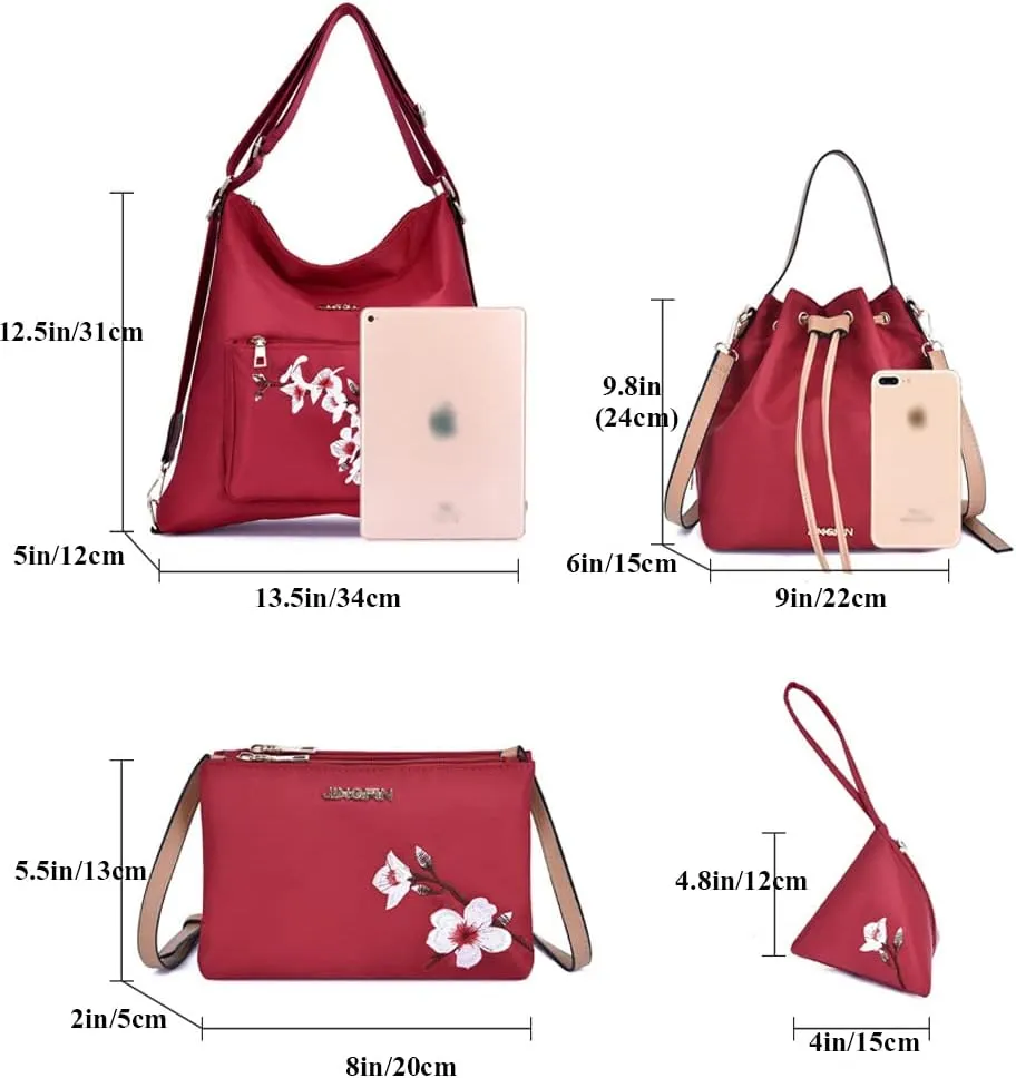 Women Handbags Sets Nylon Purses Floral Print Tote Bag Bucket bags Shoulder Crossbody Bag Backpack Coin Wallet 4 Pcs