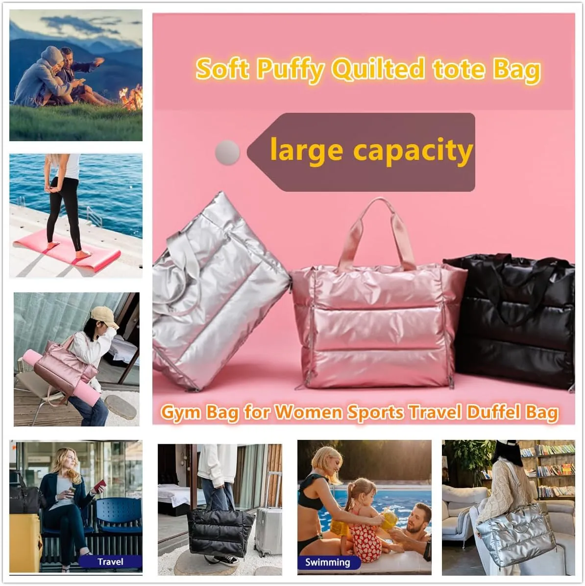 Women Large Quilted Puffer Tote Bag, Sports Gym Bag with Wet Pocket Travel Duffel Bag Large Capacity Weekender Bag for Yoga