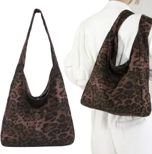 Women Leopard Retro Shoulder Satchel Bag Multi Pocket Canvas Casual Hobo Bags Large Capacity Tote Handbag Buckle C