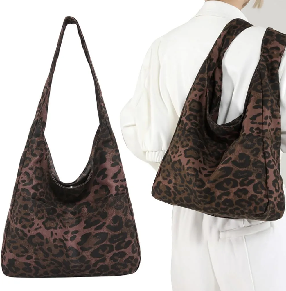 Women Leopard Retro Shoulder Satchel Bag Multi Pocket Canvas Casual Hobo Bags Large Capacity Tote Handbag Buckle C