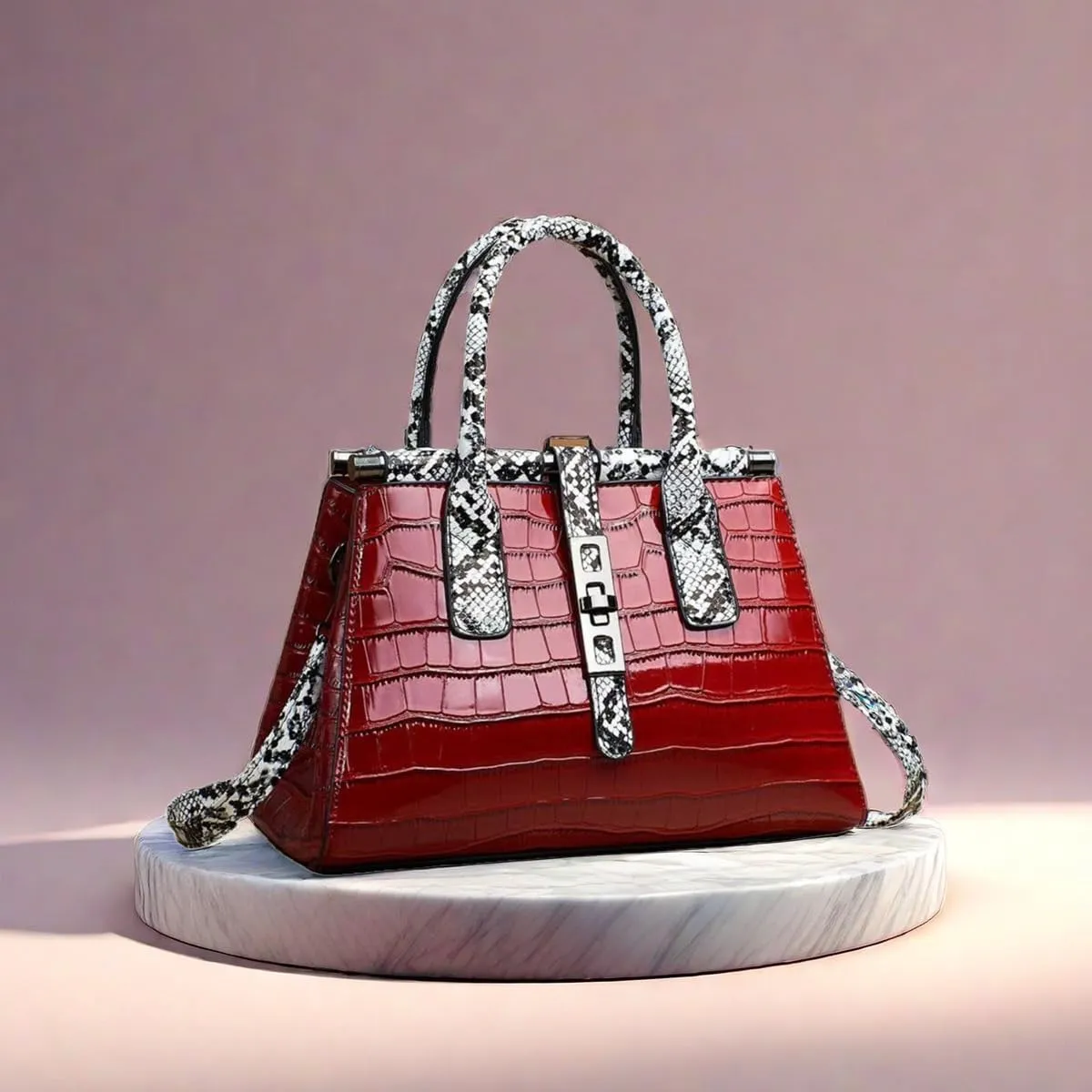 Women Patent Faux Leather Satchel Handbag Crocodile Tote Purse Snakeskin Handle Shoulder Bag,Gift for Wife/Mom