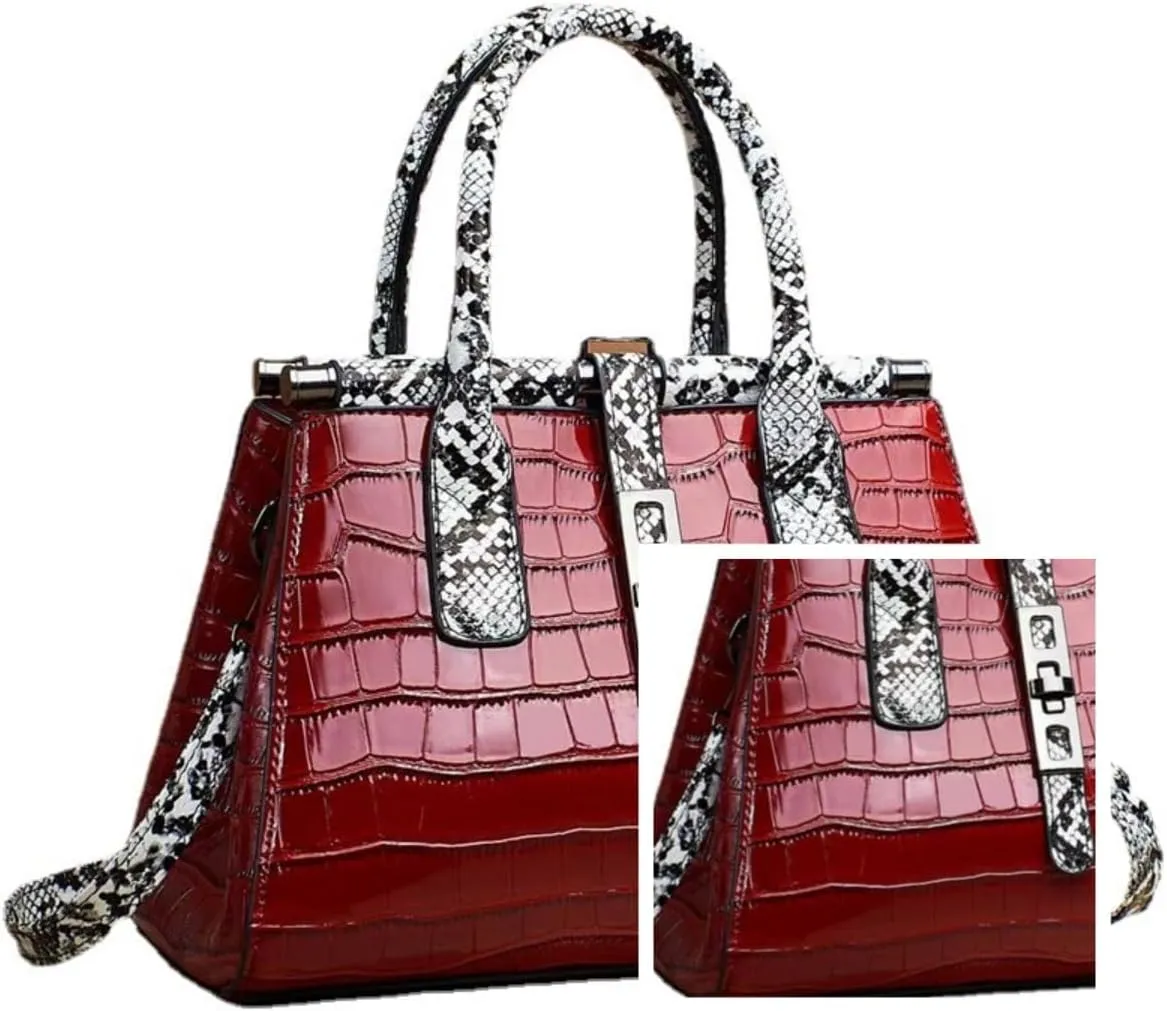 Women Patent Faux Leather Satchel Handbag Crocodile Tote Purse Snakeskin Handle Shoulder Bag,Gift for Wife/Mom