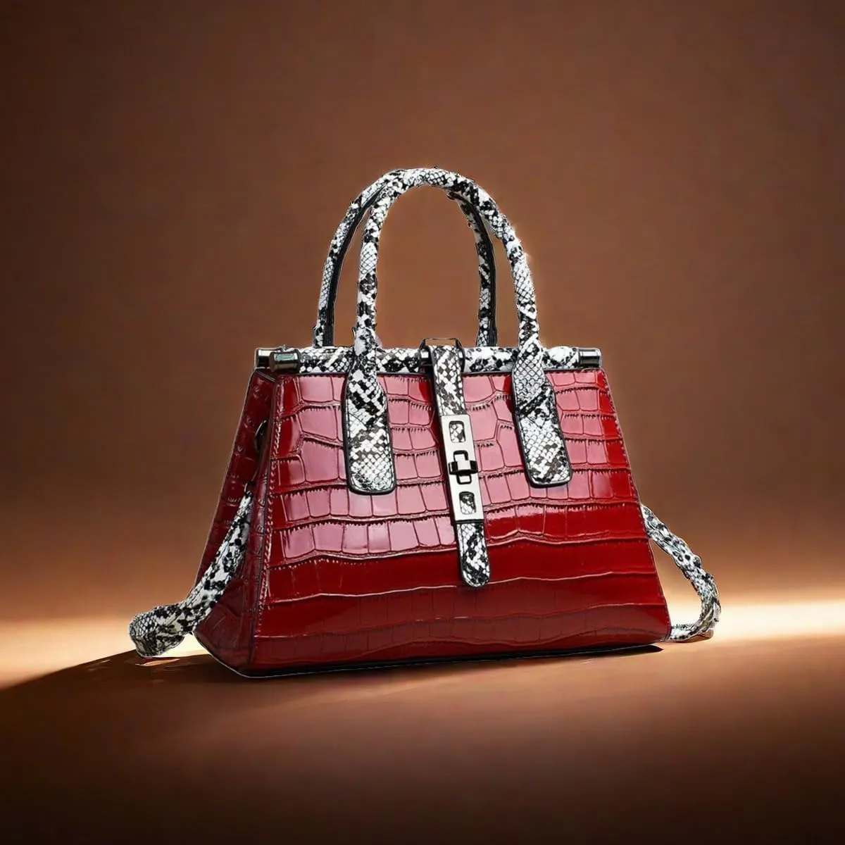 Women Patent Faux Leather Satchel Handbag Crocodile Tote Purse Snakeskin Handle Shoulder Bag,Gift for Wife/Mom