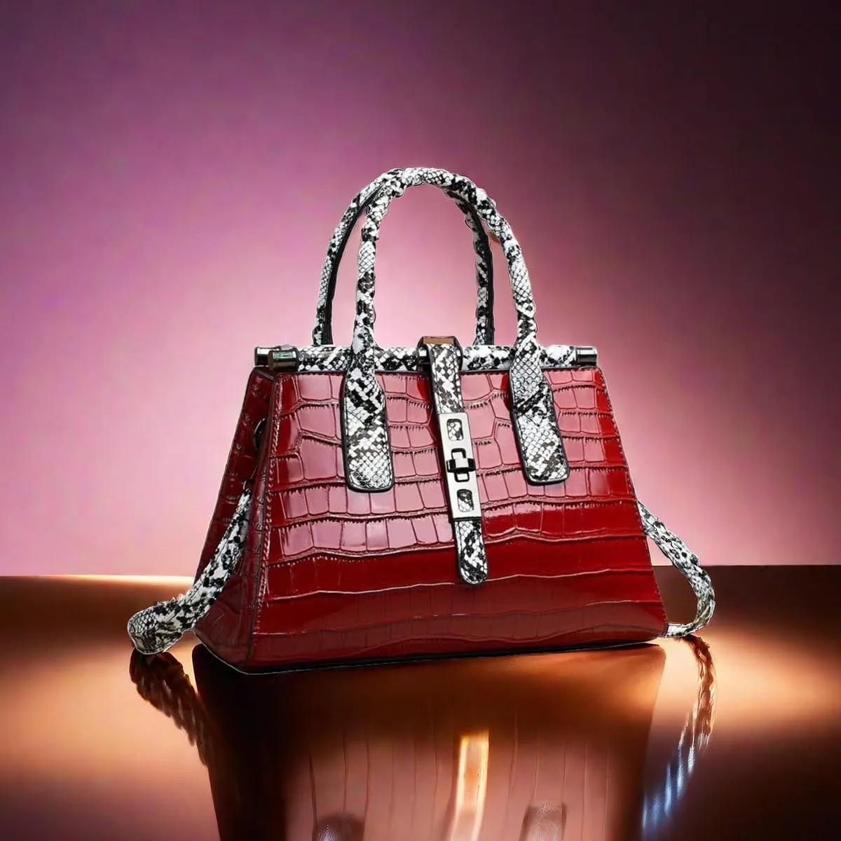 Women Patent Faux Leather Satchel Handbag Crocodile Tote Purse Snakeskin Handle Shoulder Bag,Gift for Wife/Mom