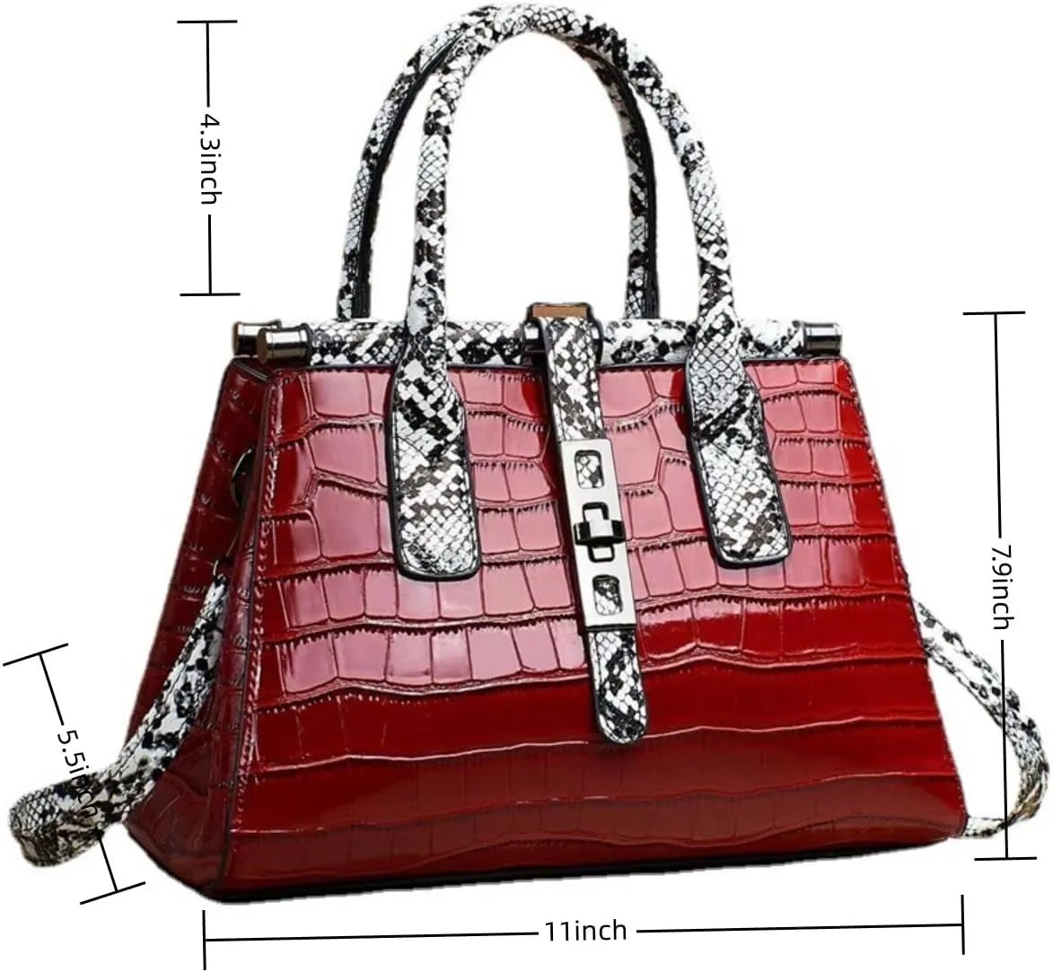 Women Patent Faux Leather Satchel Handbag Crocodile Tote Purse Snakeskin Handle Shoulder Bag,Gift for Wife/Mom