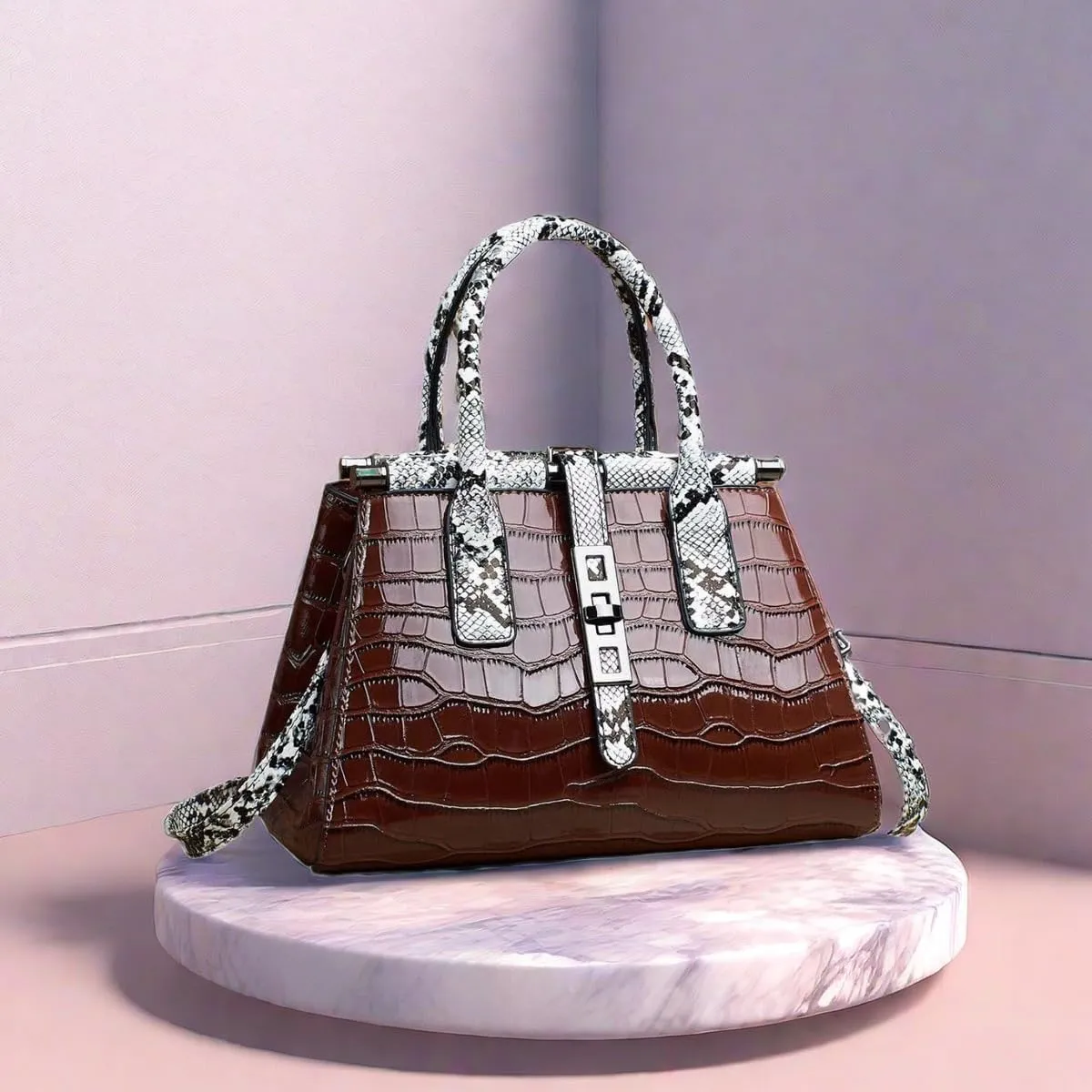 Women Patent Faux Leather Satchel Handbag Crocodile Tote Purse Snakeskin Handle Shoulder Bag,Gift for Wife/Mom,Black