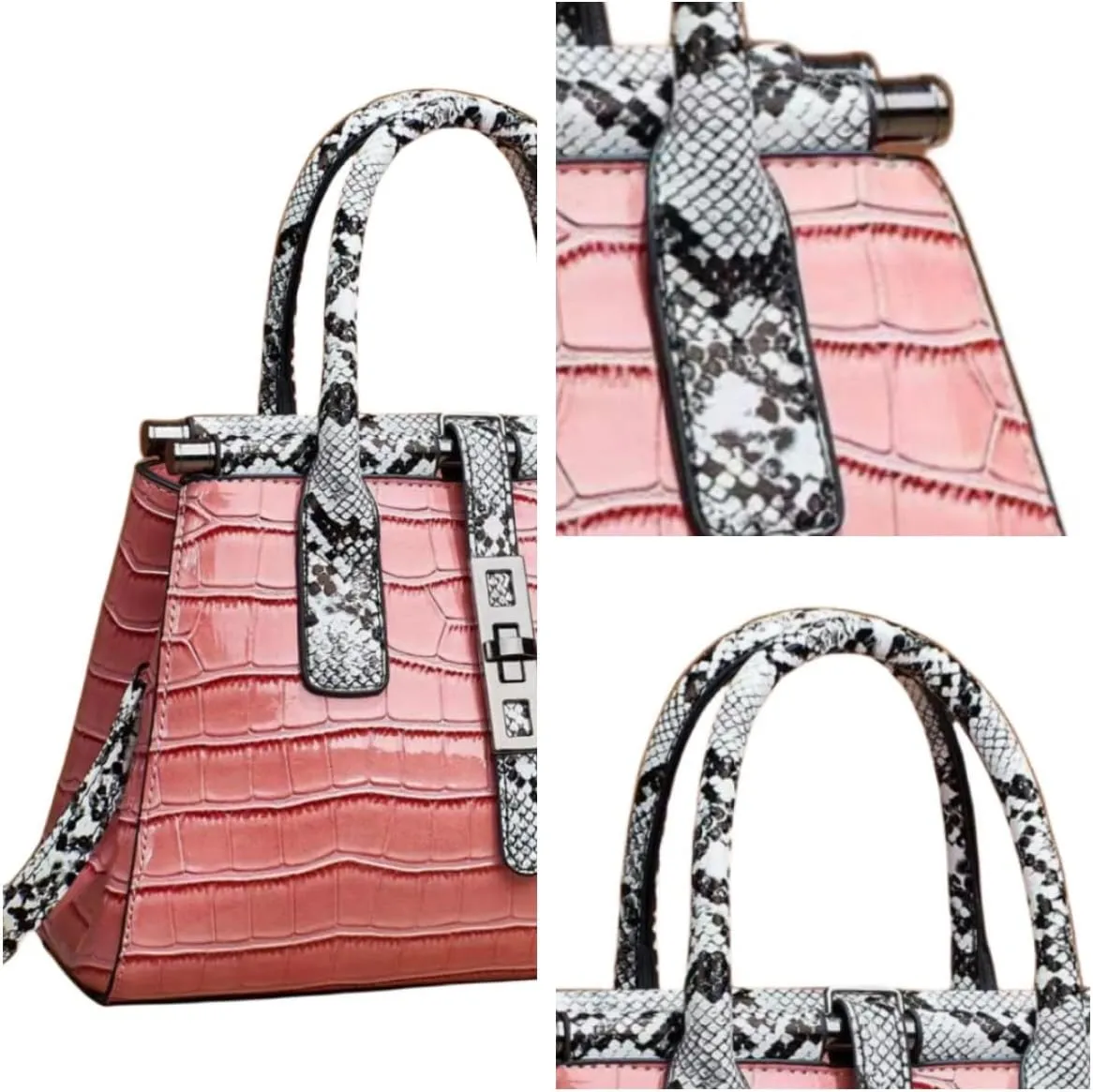 Women Patent Faux Leather Satchel Handbag Crocodile Tote Purse Snakeskin Handle Shoulder Bag,Gift for Wife/Mom,Black