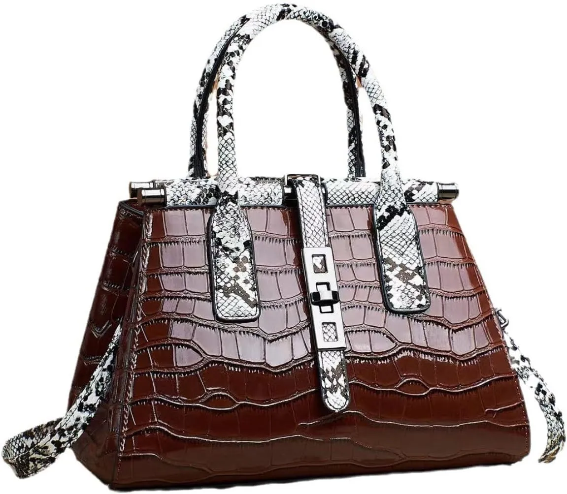Women Patent Faux Leather Satchel Handbag Crocodile Tote Purse Snakeskin Handle Shoulder Bag,Gift for Wife/Mom,Black